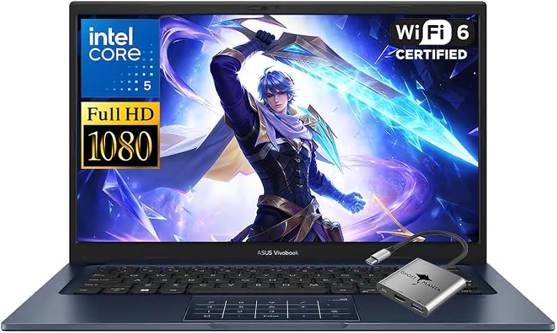 ASUS Vivobook 14 Laptop, Intel 10-Core 5 120U(Up to 5GHz), 16GB RAM 512GB SSD, 14" FHD IPS Win 11 WiFi 6 Bluetooth Laptops-Computer for Business College Students w/GM Accessory