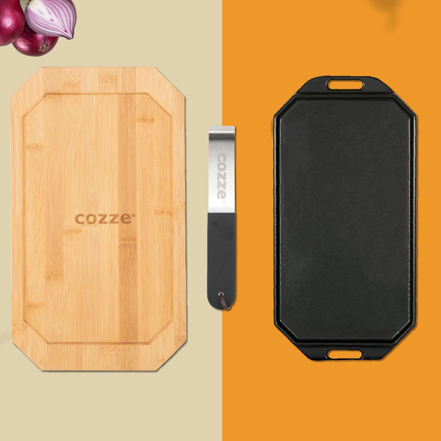 Millarco - Wendbare Gusseisenpfanne mit FSC-zertifiziertem Buchenholztablett, 33x16,5 cm – Abnehmbarer Griff, Zweiseitig für vielseitiges Kochen, LFGB-zugelassen, Black