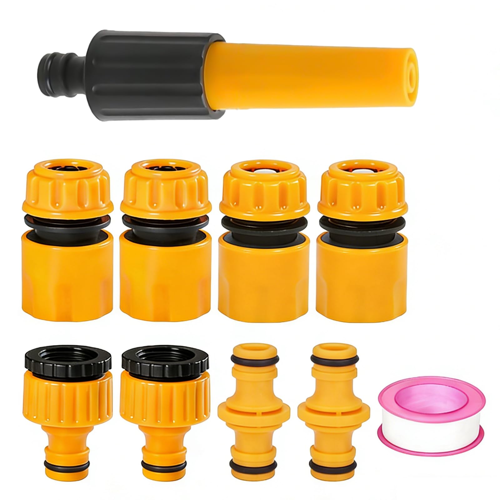 Set of 10 Hose Connector Garden Hose Fitting Set:1 Nozzle,2 Hose End Quick Connector,2Hose Waterstop Accessory,2 Double Male Snap Connector,2 HosePipe Tap Fitting 1/2 Inch and3/4 Inch Size 2-in-1