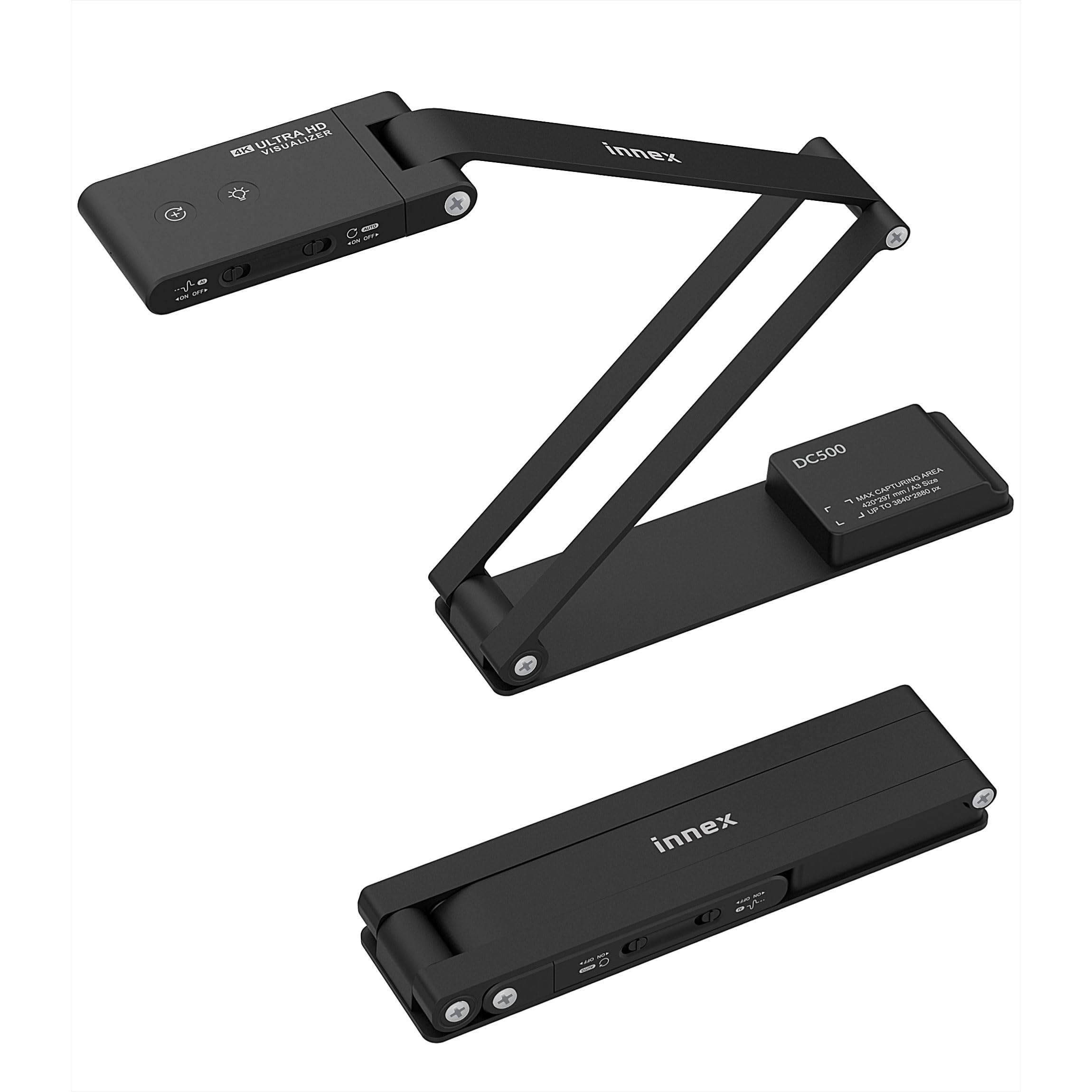 Innex DC500 USB 4K Cámara de Documentos, Webcam y Escáner 3 en 1 de 16MP | Micrófono con Cancelación de Ruido, Enfoque Automático dual, LED, OCR para educación a distancia en Win/Mac/Chromebook