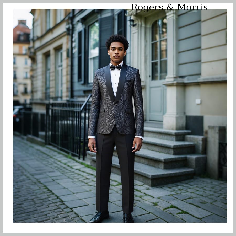 Rogers & Morris Floral Tuxedo Suit Set for Men Regular 2 Piece Jacket and Black Pants3