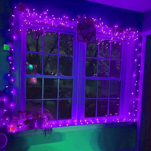 Miniatura 7 de YEGUO Paquete de 8 luces solares moradas y naranjas para exteriores, impermeables, cada cadena de 100 luces LED solares de 33 pies, 8 modos de luces