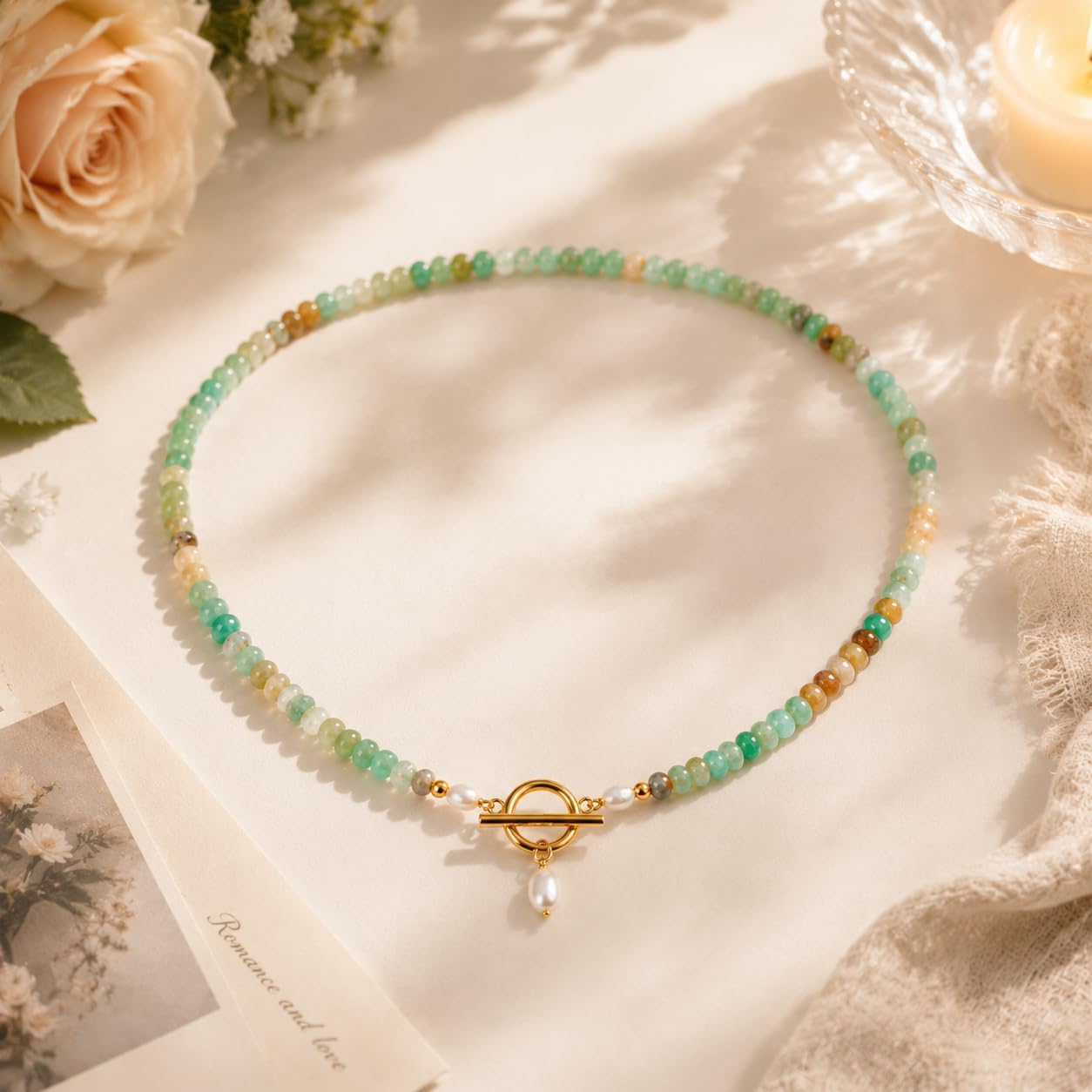 Turquoise Bead Pearl Necklace for Women, Boho Colorful Beaded 6mm Natural Amazonite Stones Seed Pearl Pendant Stainless Steel Toggle Clasp Minimalist Summer Beach Jewelry Gift