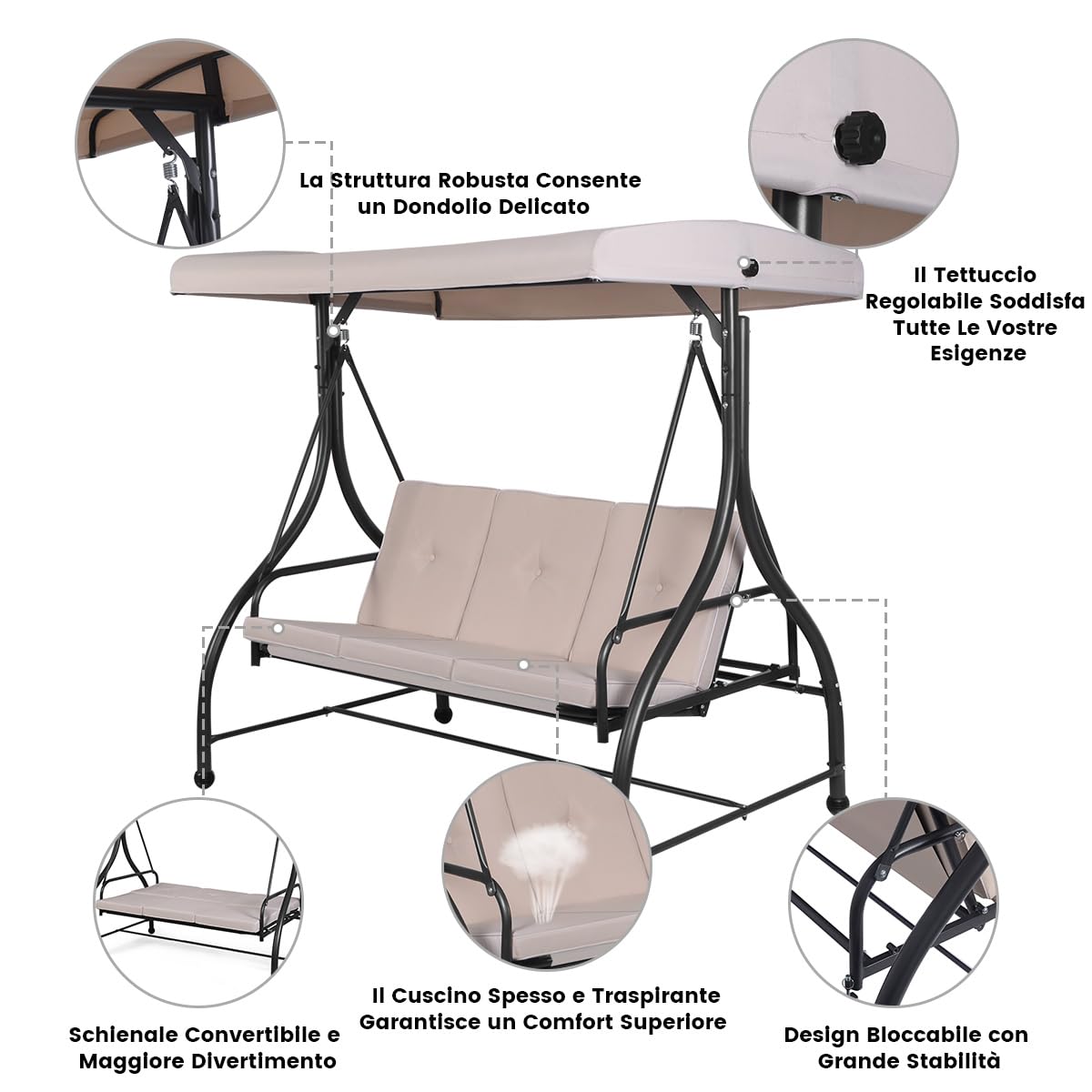 Altalena Da Giardino 2 Posti - Con Tetto Regolabile, Schienale Traspirante, Carico 240kg, 152x112x165cm - Foto 5