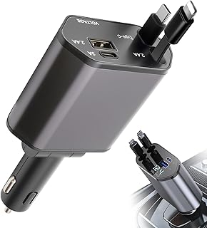Chargeur Voiture rétractable 66 W 12/24 V 4 en 1, Adaptateur Allume-Cigare USB-C avec câbles pour iPhone et USB-C, Chargeur de téléphone USB à Charge Rapide Compatible avec Galaxy, Google et Huawei