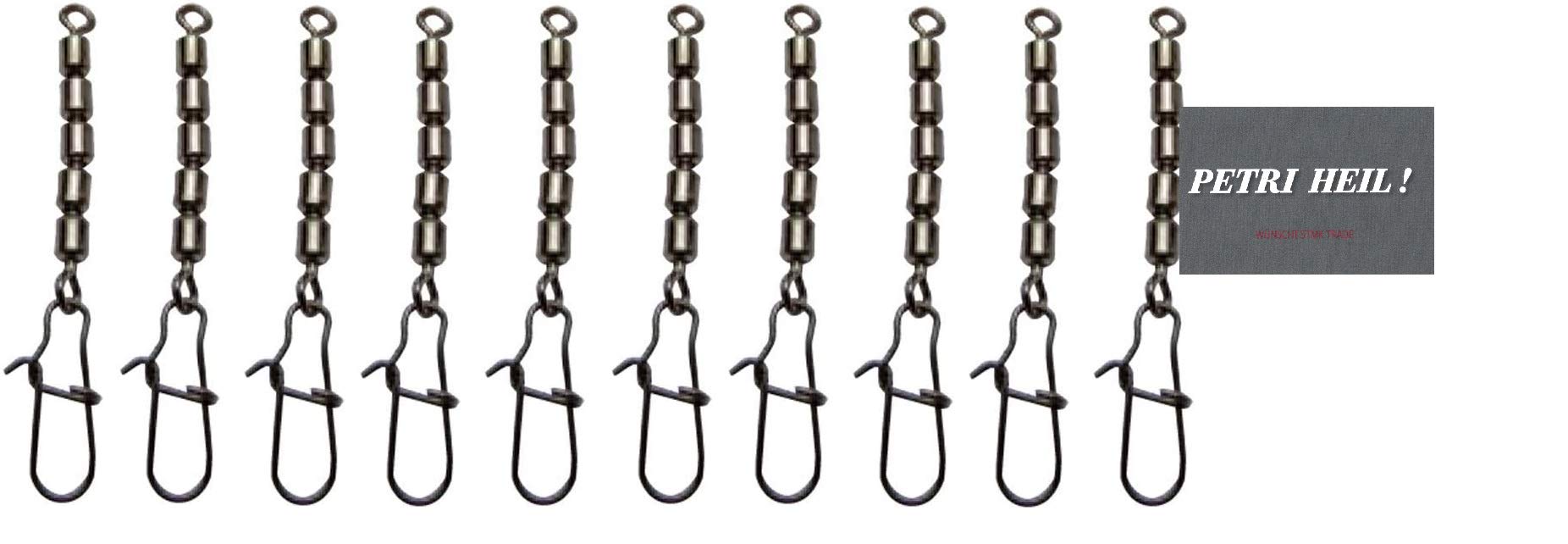 Set of 2 packs (total 10 pieces) Behr 5-fold swivel with carabiner snap trout swivels black nickel, 9-12 kg + free Petri Heil! sticker (size 8, 12 kg)