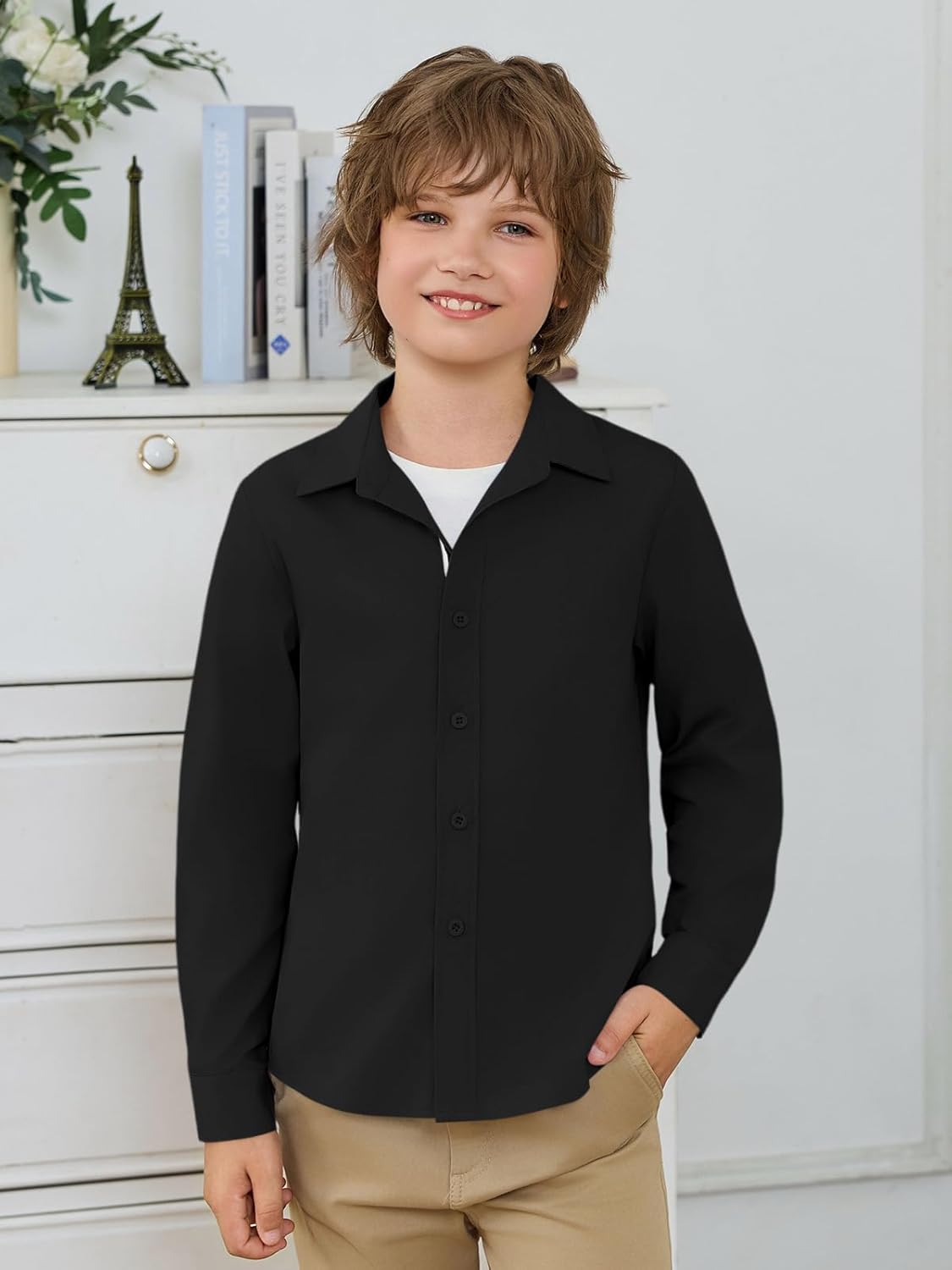 Haloumoning Boys Long Sleeve Dress Shirts Kids Solid Casual Button Down Uniform Shirts 5-14 Years - Image 2