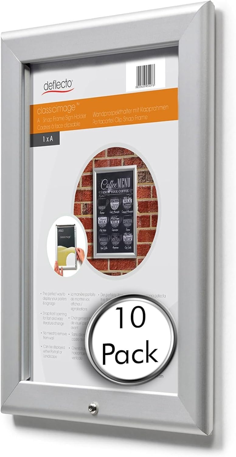 Deflecto Pack of 10 A3 Lockable Snap Frame - Aluminium Clip Frames - Wall Mount Picture Frames - Posters Display Holder