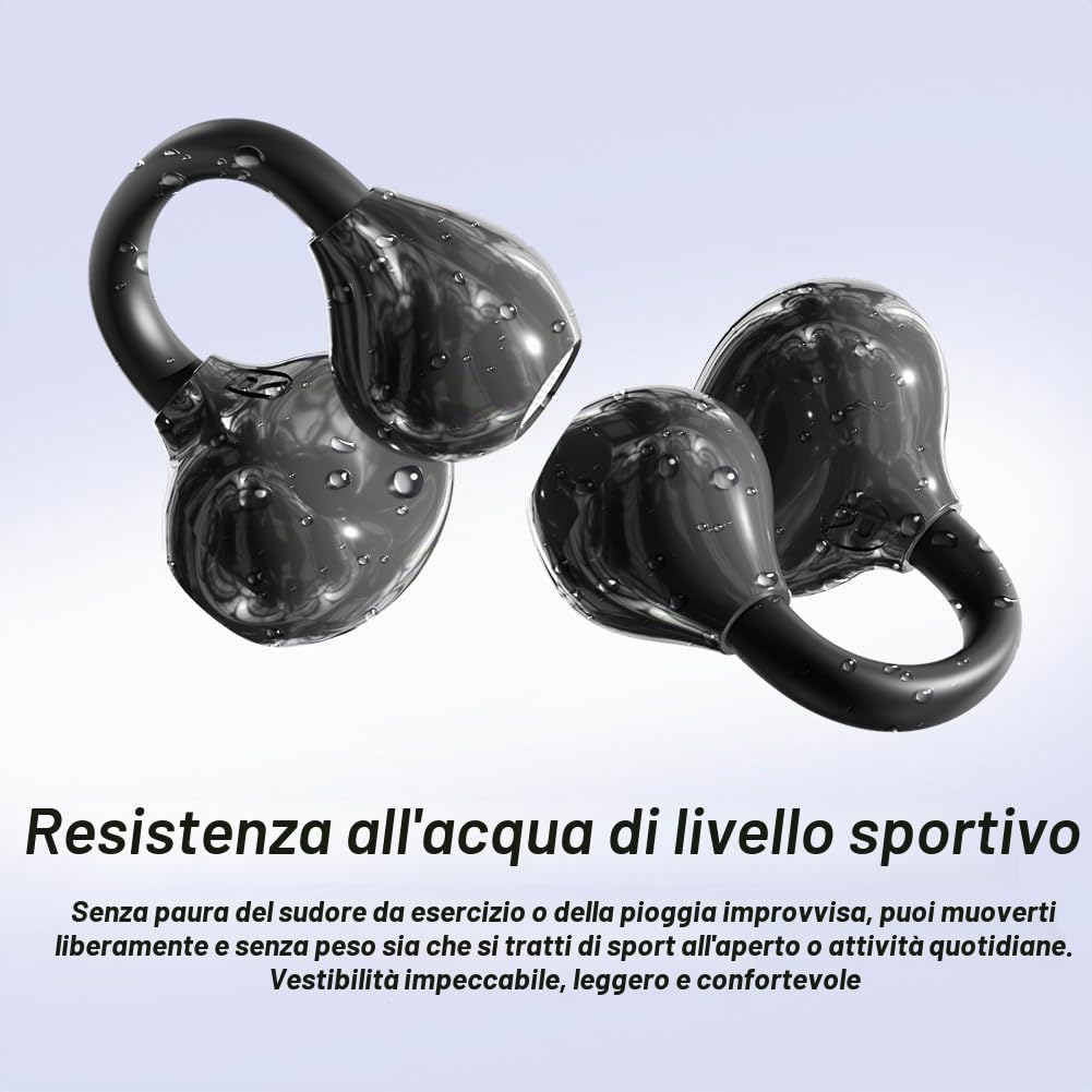 Cuffie a Clip Open-Ear Bluetooth Wireless, Bluetooth 6.0, Auricolari Sport con Clip Aperta, 60h Autonomia, Ricarica Rapida USB-C, Leggeri e Comodi da Indossare, Sport, Ufficio & Fitness, Nero
