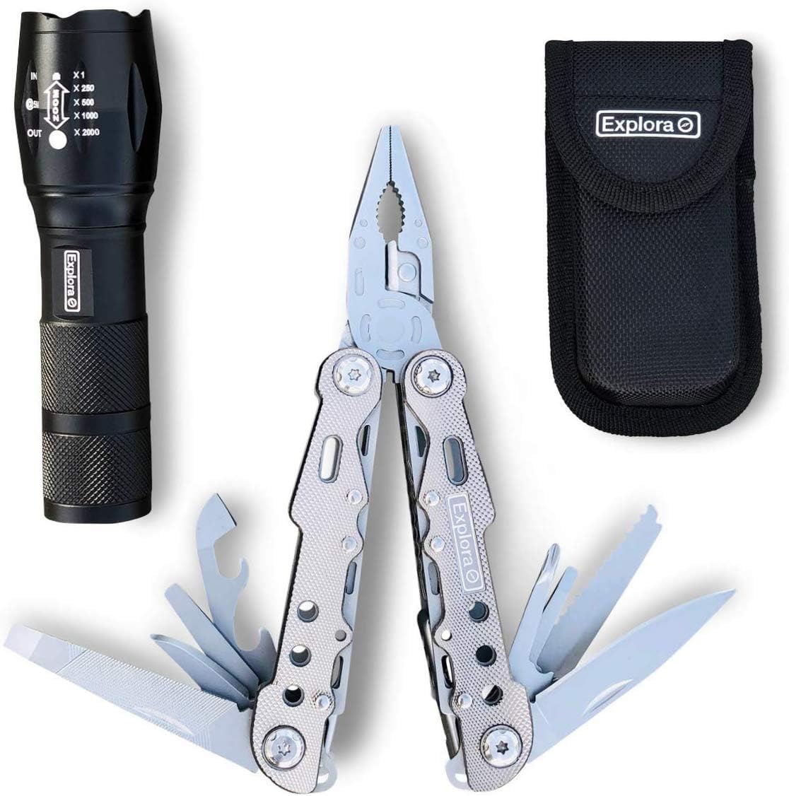 Multitool Knife - Pocket Multi Tool with Sheath - Tactical Survival Multipurpose Tool - LED Military Flashlight - Gift Set For Men - Camping Accessories & Hiking Fishing - by Explora