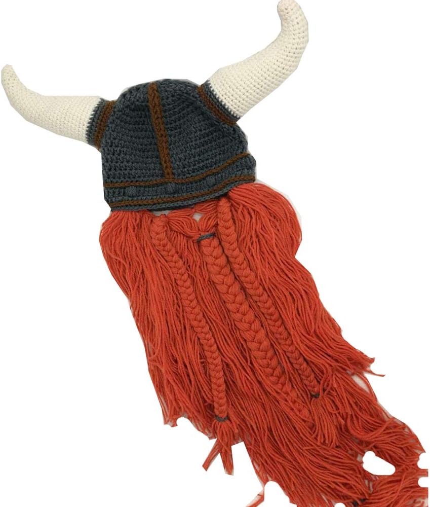 YEKEYI Men Funny Hat Viking Beard Beanie Horn Hat Long Beard Hats Winter Knit Wool Warm Cap