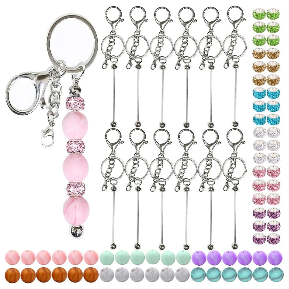 Vjsujehgy 84Pcs Beadable Keychains Set,Keychains Bulk for Keychain Making Accessories with Silicone Beads Spacer Beads