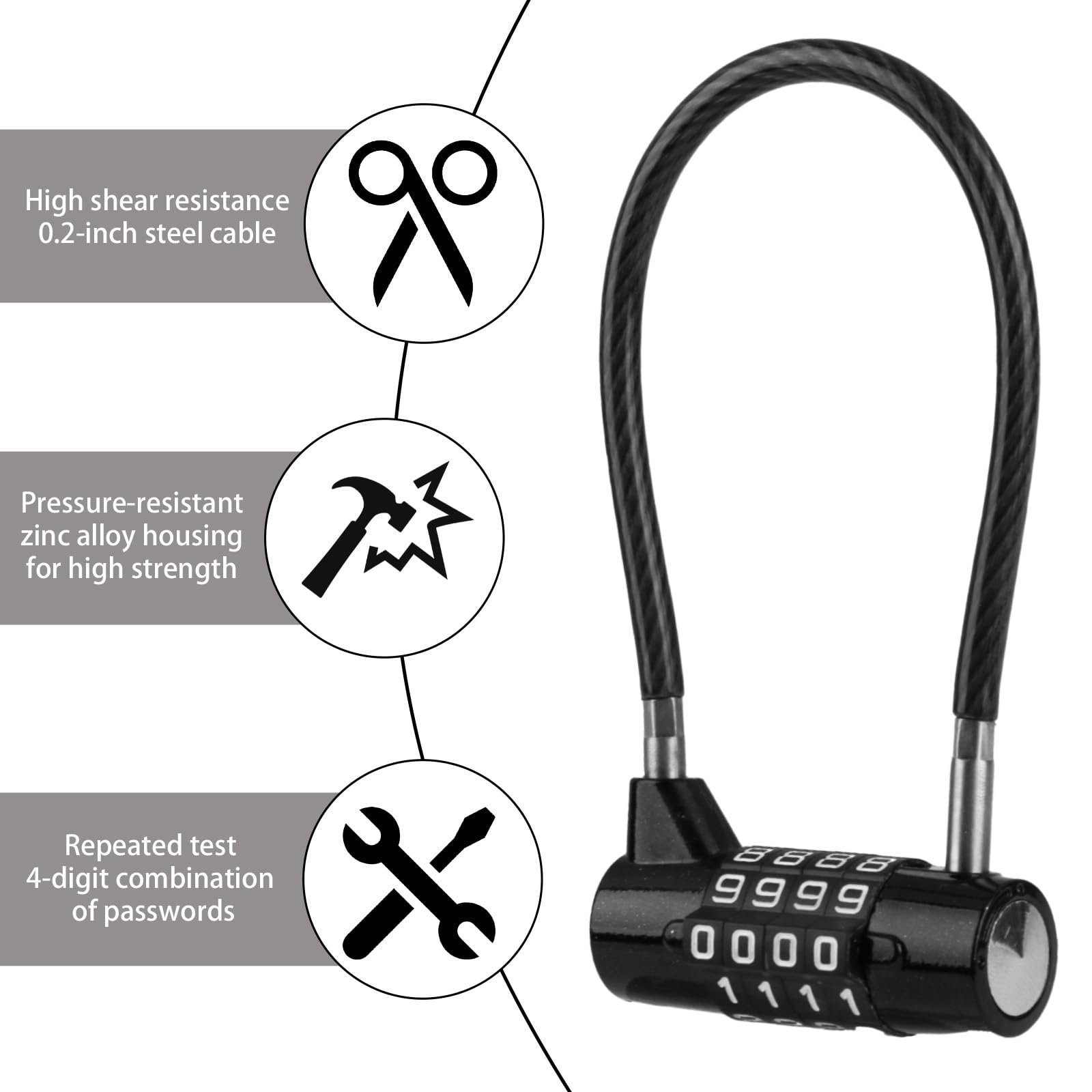 4 Digit Combination Padlock, 3/16" Diameter 7" Length with Steel Cable, Secure Lock - Image 2