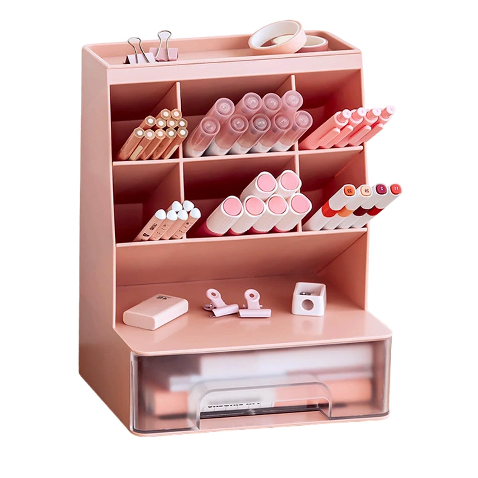 Portapenne da Scrivania Multifunzionale Organizer da Scrivania con Cassetti Portamatite da Scrivania con 6 Scomparti Organizzatore per Cancelleria in Plastica per Ufficio Scuola Casa (Rosa 2)