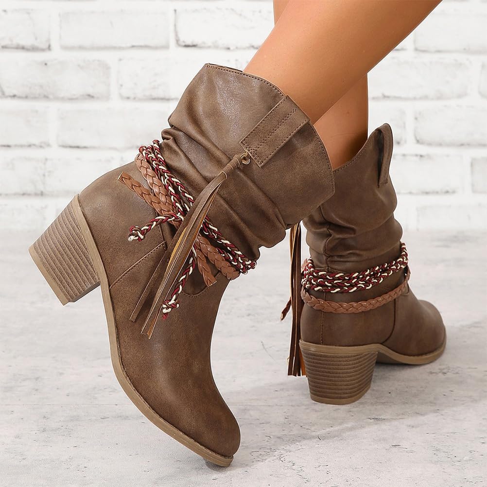 Bottes Femmes de Cowboy Motard Suède Vintage Loisir Bottines Bloc Talon