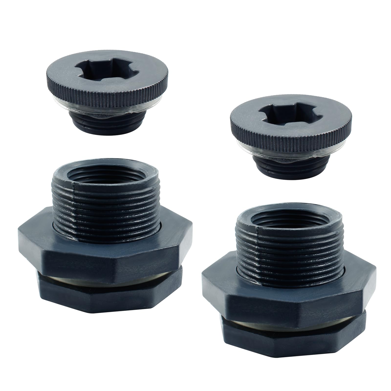 Suiwotin 2pcs NPT1 PVC Bulkhead Fitting with Plugs, 1 Inch Plastic Water Tank Connector Threaded Thru-Bulk Pipe Fittings for Rain Barrels, Aquariums,