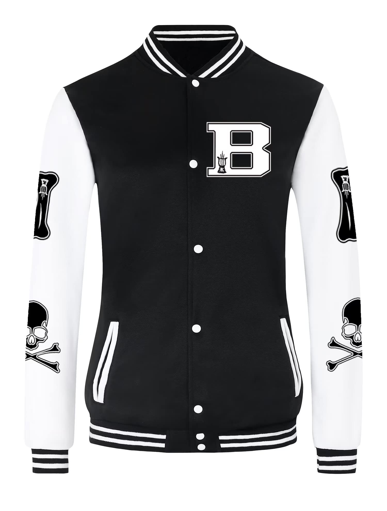 Womens Varsity Baseball Jacket Bomber Jacket Letter Print Casual Long Sleeve Vintage Coat Outwear, Black, M