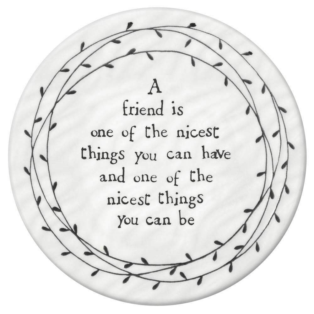 East of India White Ceramic Leaf Round Coaster ""A Friend is Nicest"" 10x10cm