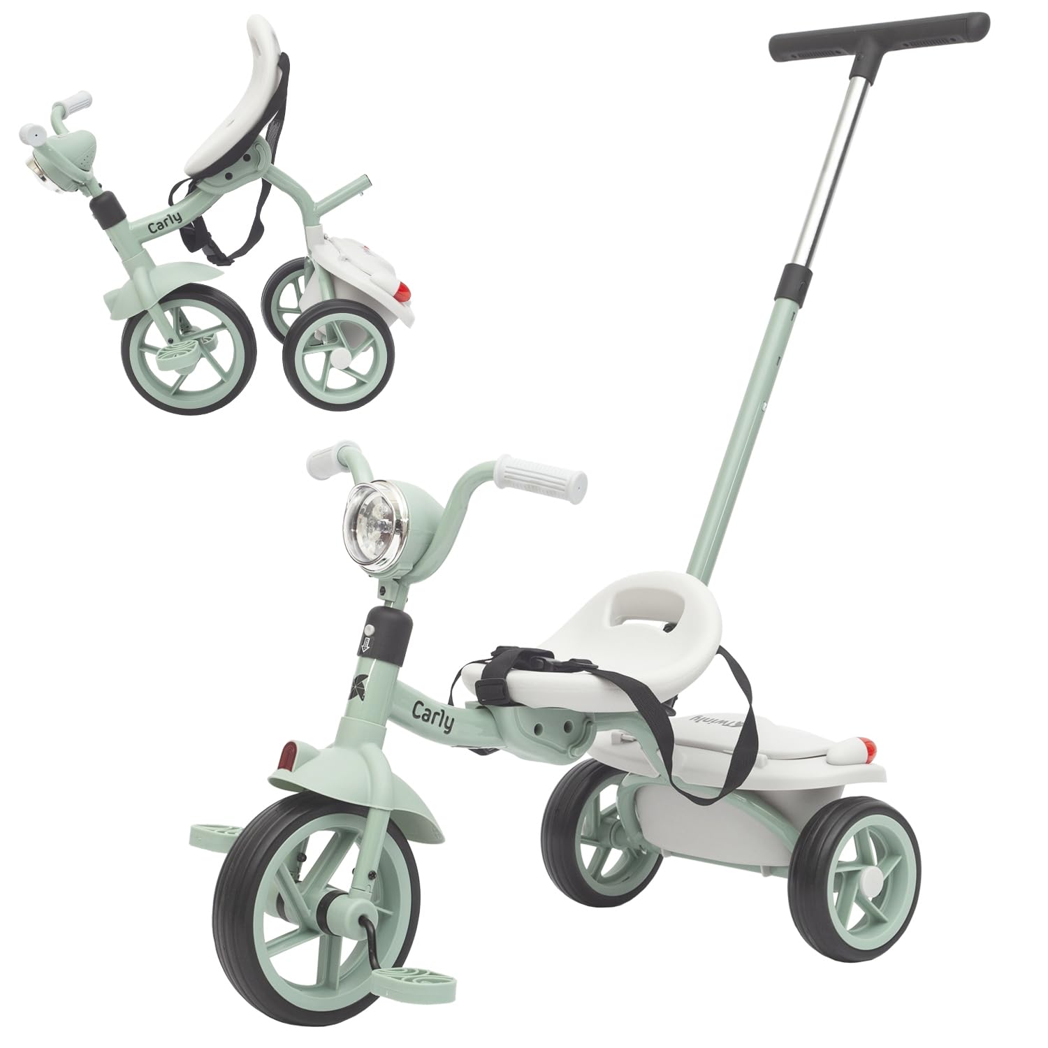 Twinly Triciclo Evolutivo Plegable Carly, Menta, 1-5 Años | Ligero y Compacto, Manillar con Luz y Sonido, Cesta Incluida, Barra de Empuje Ajustable