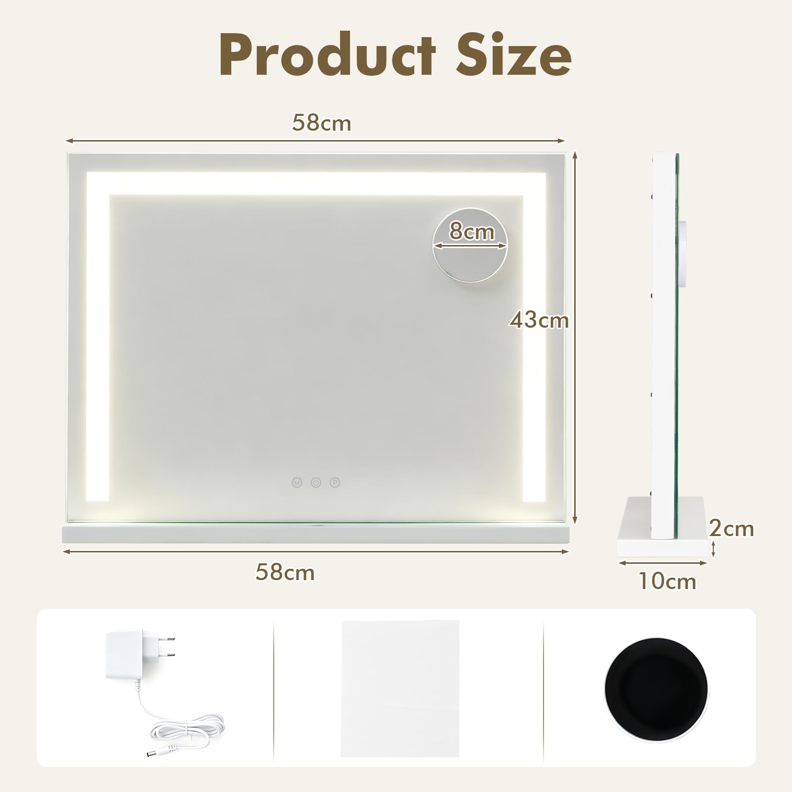 HOMASIS Specchio da Bagno con Luci e Ingrandimento 10x, 58 x 10 x 43 cm
