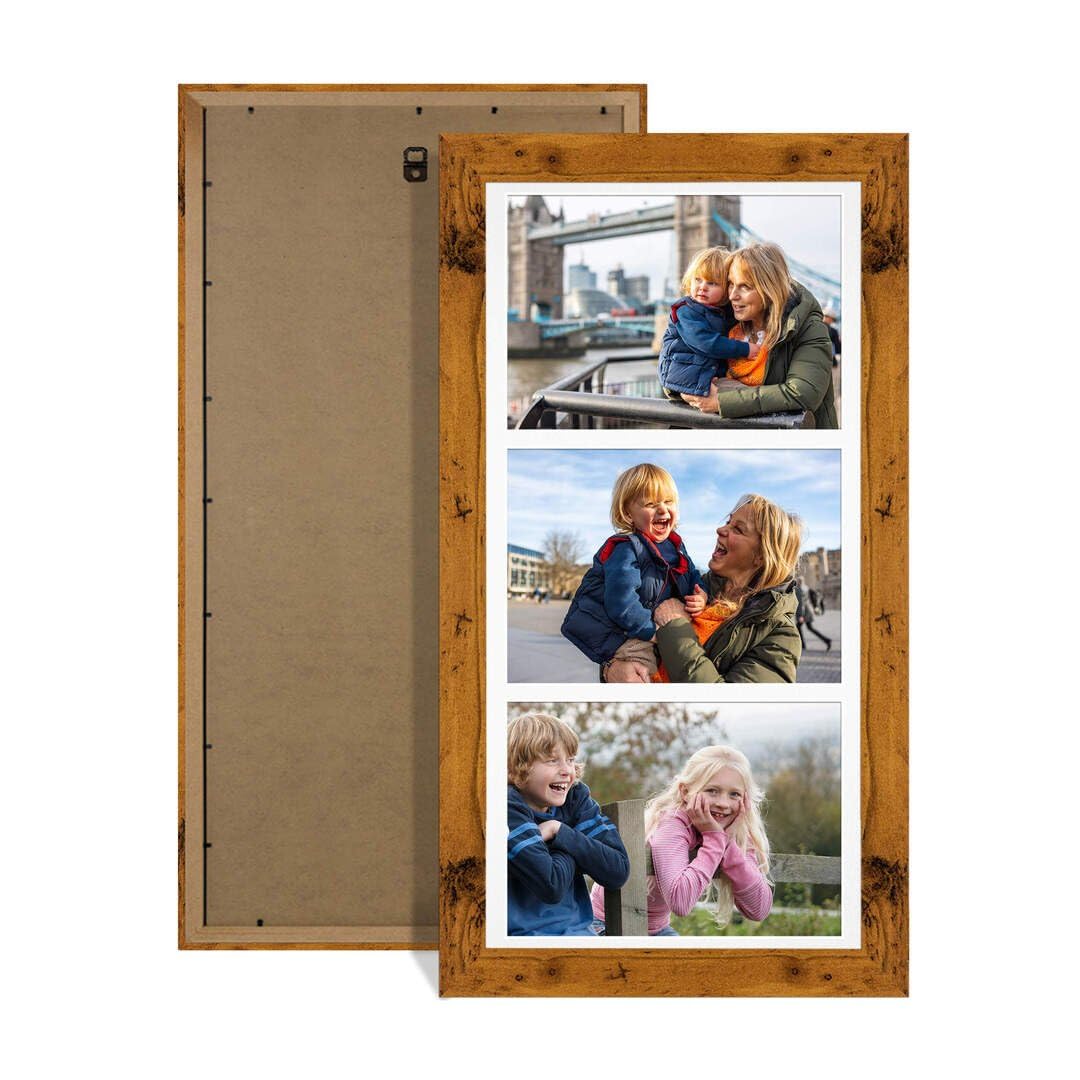 Procut Global 16X8 Rustic Oak Photo Frames For Multiple Pictures with White Mount-Modern Collage Frame with 3 Apertures (3x) 7X5-Engineered Wood with Shatterproof Perspex