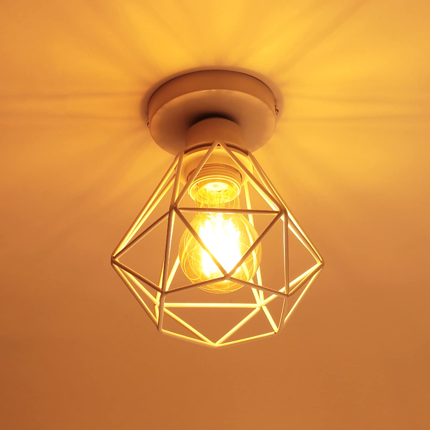 iDEGU Lot de 4 Plafonnier Industriel Vintage Lustre Suspension E27 Rétro Luminaire Design Cage Diamant Fer Lampe de Plafond pour Couloir Salon Cuisine Chambre, Ø16cm (Cage B, Blanc)
