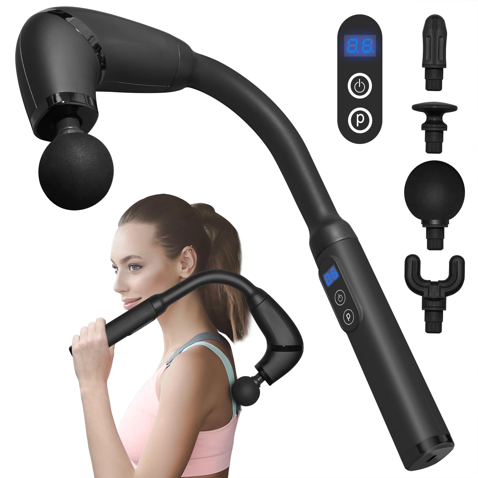 Pistola de Masaje Muscular con Mango Extensible Desmontable, Pistola Masaje Massage Gun Profesional Eléctrica with LED Screen para Relajación, Aliviar el Dolor