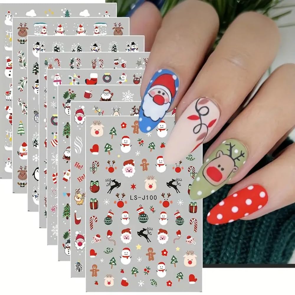 8 Pcs Christmas Nail Art Stickers Decals with Santa, Snowflakes, Reindeer, and Christmas Tree Designs, Matte Finish Cartoon Pattern Self-Adhesive Nail