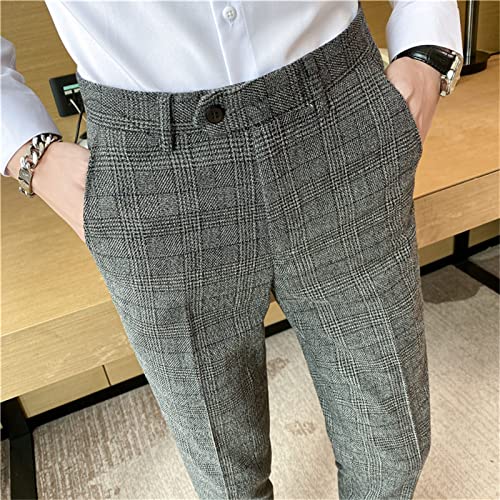 Men British Slim Casual Plaid Trousers Stretch Stripe Pants with Pockets Plaid Flat-Front Business Party Pencil Pant3