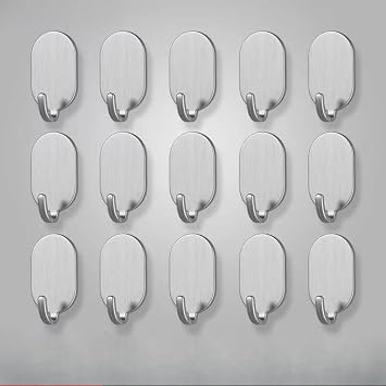 Heavy Duty Adhesive Hooks on Wall, Towel Hangers, Bathroom Hooks, Stick On Bathroom Kitchen Wall Mounted for Hanging Towel Robe Coat 15,Silver