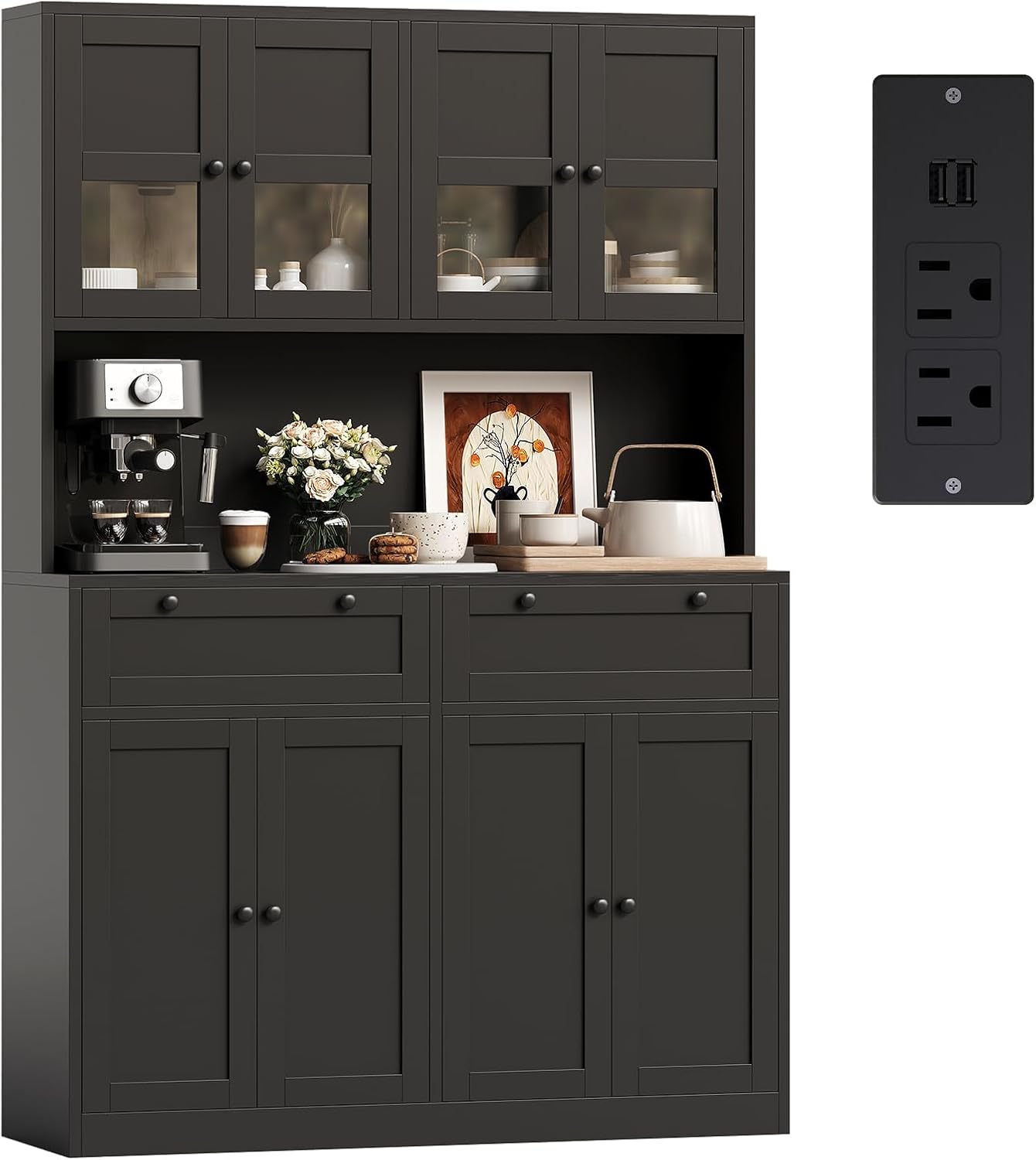 Garvee Tall Kitchen Pantry Cabinet in a dining room setting, showcasino seu deseño e as súas capacidades de almacenamento.