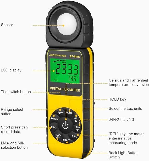 Digital Light Meter Lux/Foot Candles Meter 0.1~300,000 Lux 270 Rotatable