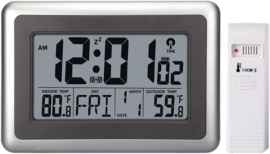 UMEXUS Atomic Wall Desk Clock Large Display with Indoor Outdoor Temperature Date Calendar Digital Alarm Clock Battery Operated for Kitchen Bedroom