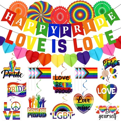 24PCS Gay Pride Rainbow Party Decorations - Happy Pride/Love Is Love Banner Garland Flags LGBT Hanging Swirls Paper Fans Decor Supplies for Office Home