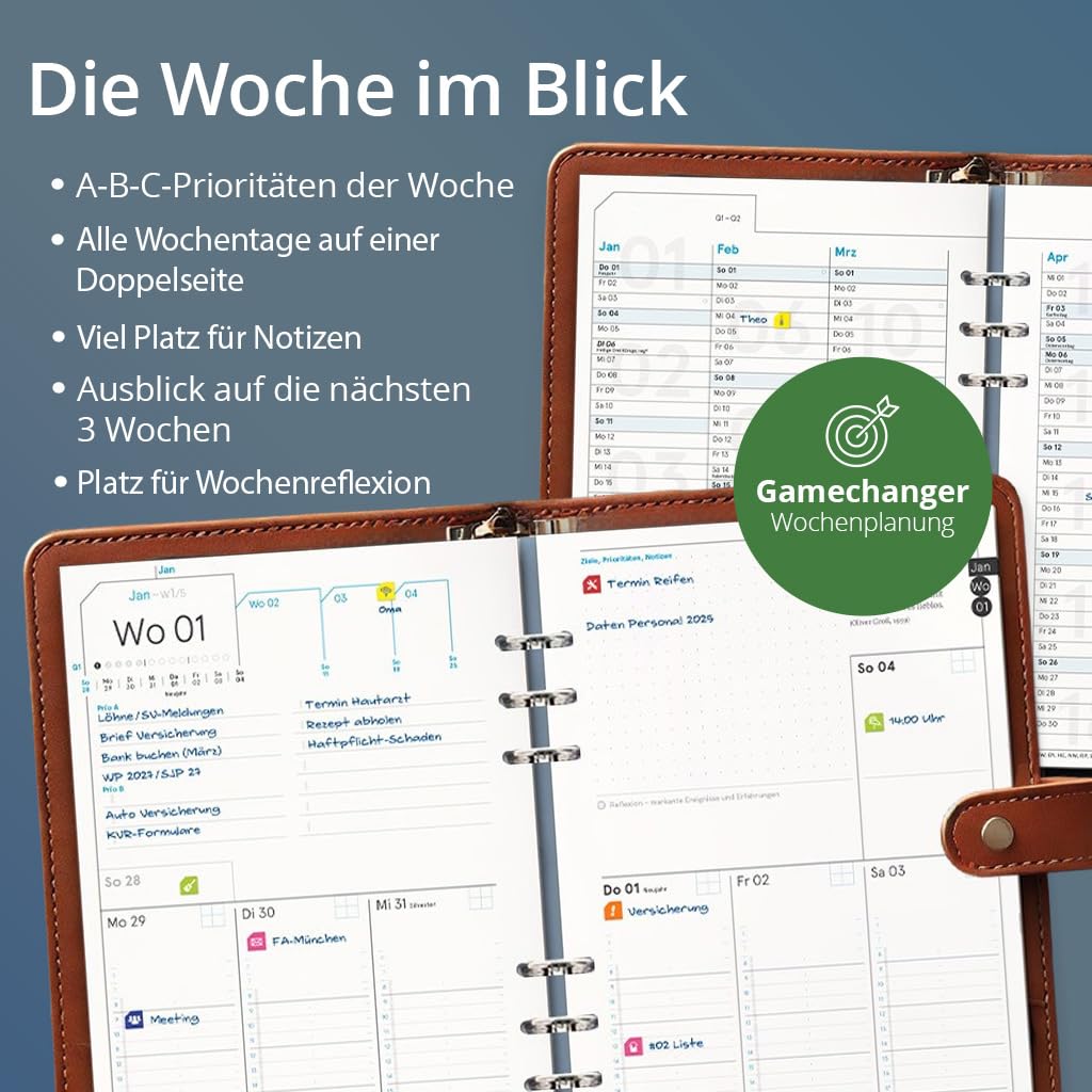 weekview Business Einlagen 2027, A5 – Wochenplaner, 1 Woche auf 2 Seiten, inkl. 64 Seiten Planungstools, Notizteil, Griffregister und Sticker – Filofax-A5-Lochung, 90g Papier, Made in Germany