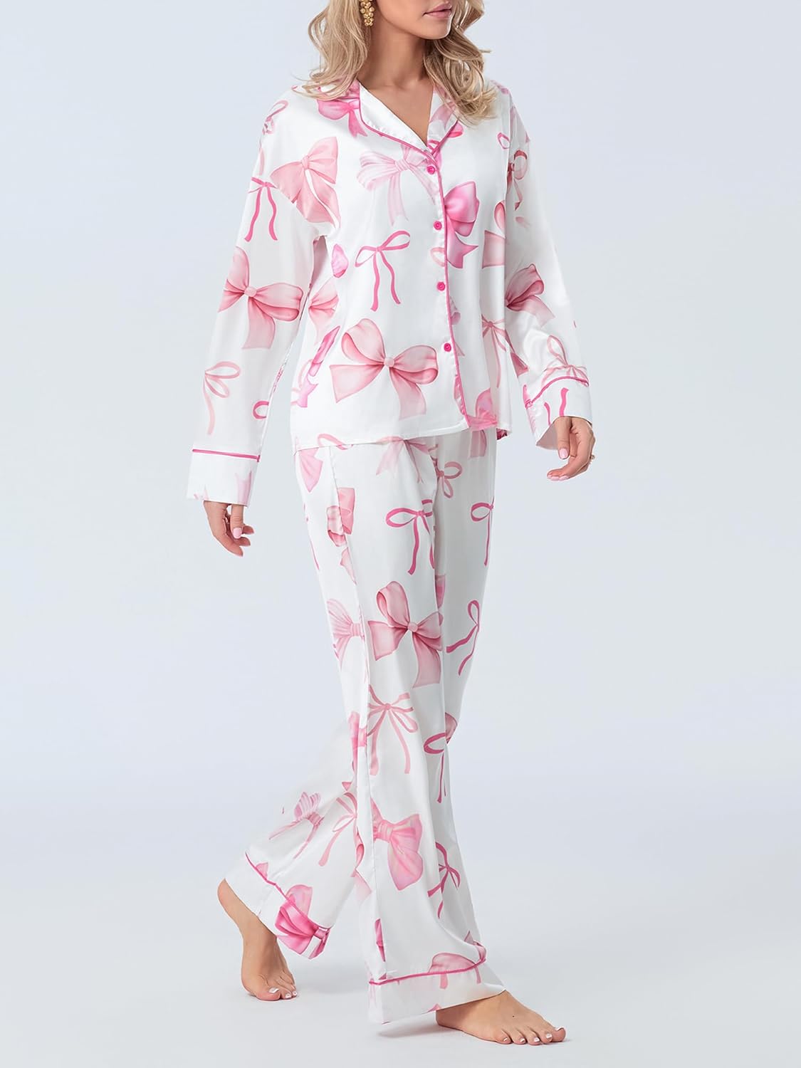 Springcmy Women Valentine Satin Pajamas Long Sleeve Shirt Pants Silk Heart Bow 2Pcs Sleepwear Loungewear Pjs Set - Image 7