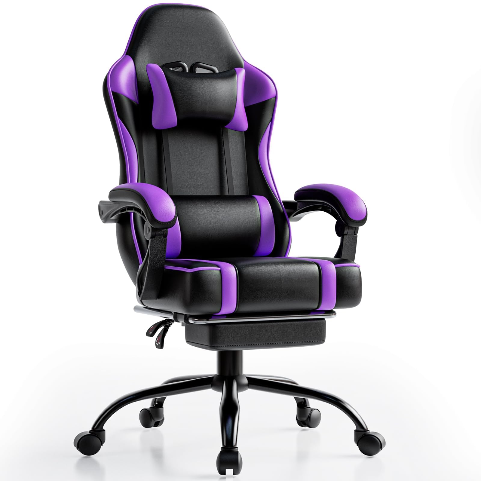 Sillas Gaming con Reposapies, Silla Gamer Adulto con Respaldo Lumbar, Silla Escritorio Gaming Ajustable en Altura, Silla Ordenador en Piel Sintética (Violeta)