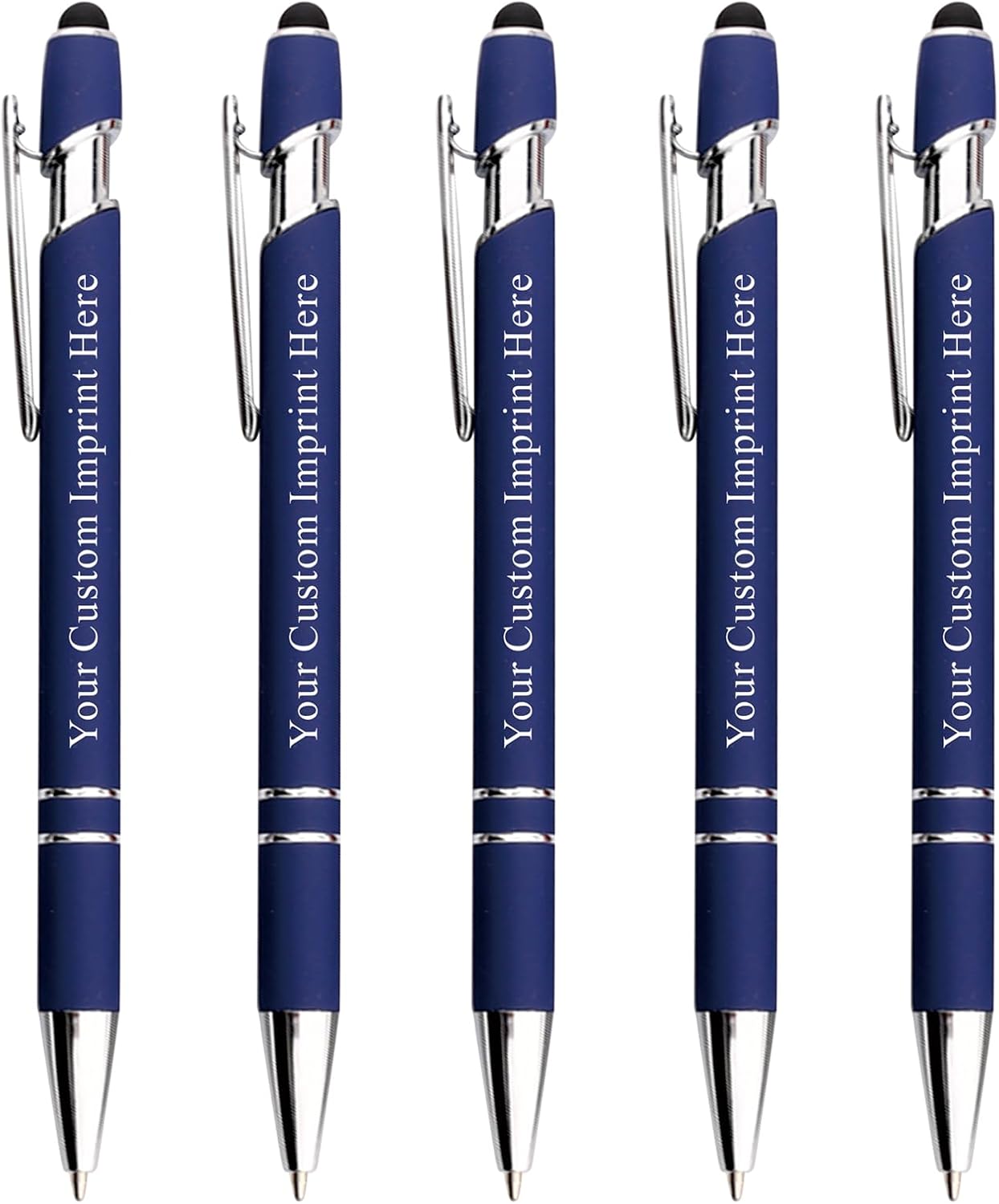 Personalized Pens with Stylus - Custom Metallic Printed Name Pens with Black Ink - Business Advertising- Imprinted with Logo or Message (100 Count (Pack of 1), Blue)