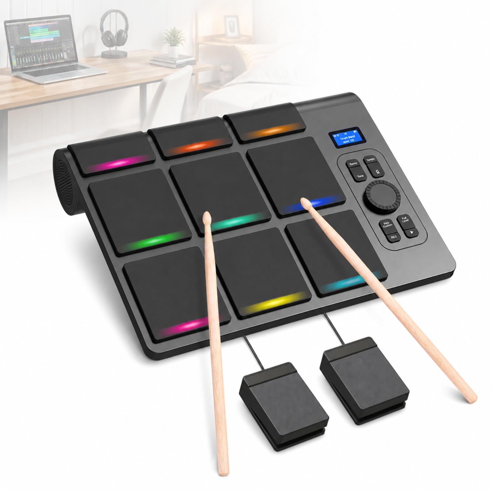 Batería electrónica 9 almohadillas, kit eléctrico portátil con 2 pedales, sensor de velocidad inteligente, altavoces estéreo duales, edición midi para práctica en casa y juego silencioso