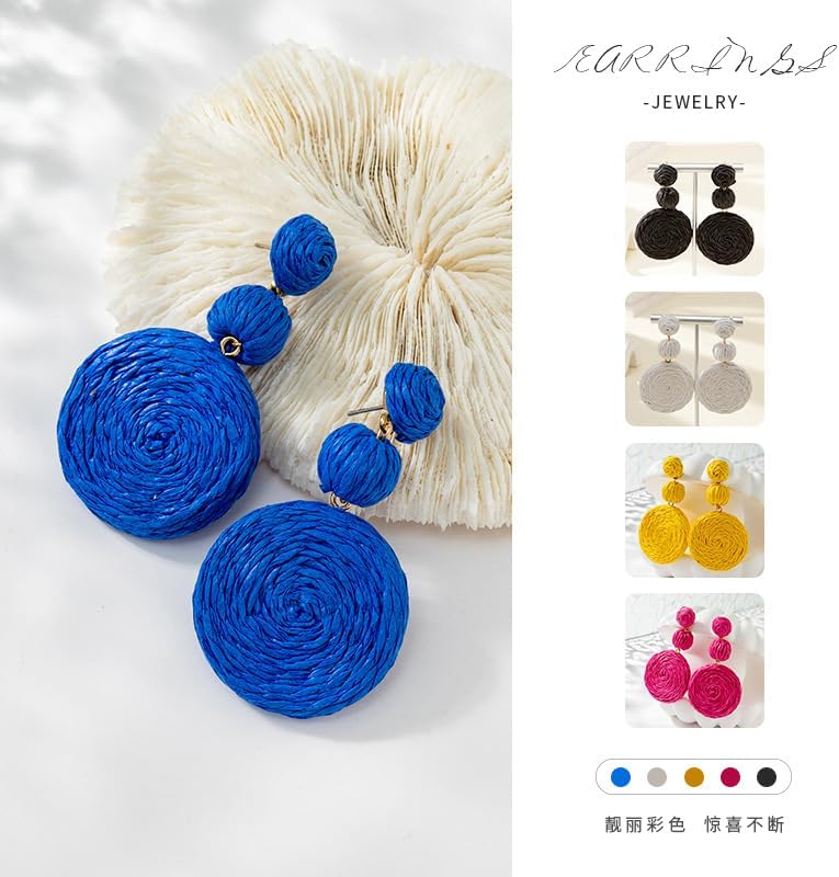 Boho Raffia Ball Long Earrings Multicolor Handmade Dangle Drop Earrings Bohemian Summer Beach Rattan Earrings - Image 4