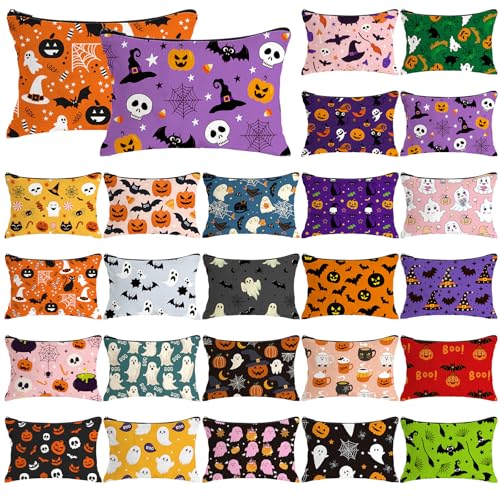 Meanplan 24 Pcs Halloween Makeup Bags Bulk Spooky Cosmetic Bags Horror Storage Zipper Pouch Pumpkin Bat Ghost Spider Portable Travel Purse Toiletry Pocket Organizer for Party Favor Gift (Halloween)