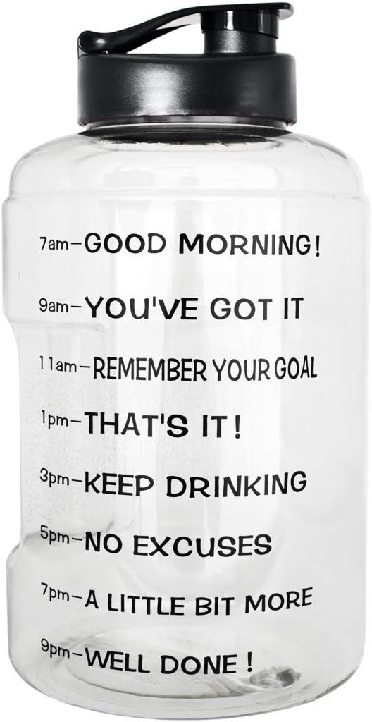 BuildLife 1 Gallon(128OZ) Sports Water Bottle Inspirational Fitness Workout Wide Mouth with Time Marker for Measuring Your H2O Intake BPA Free(1 Gallon, Transparent)
