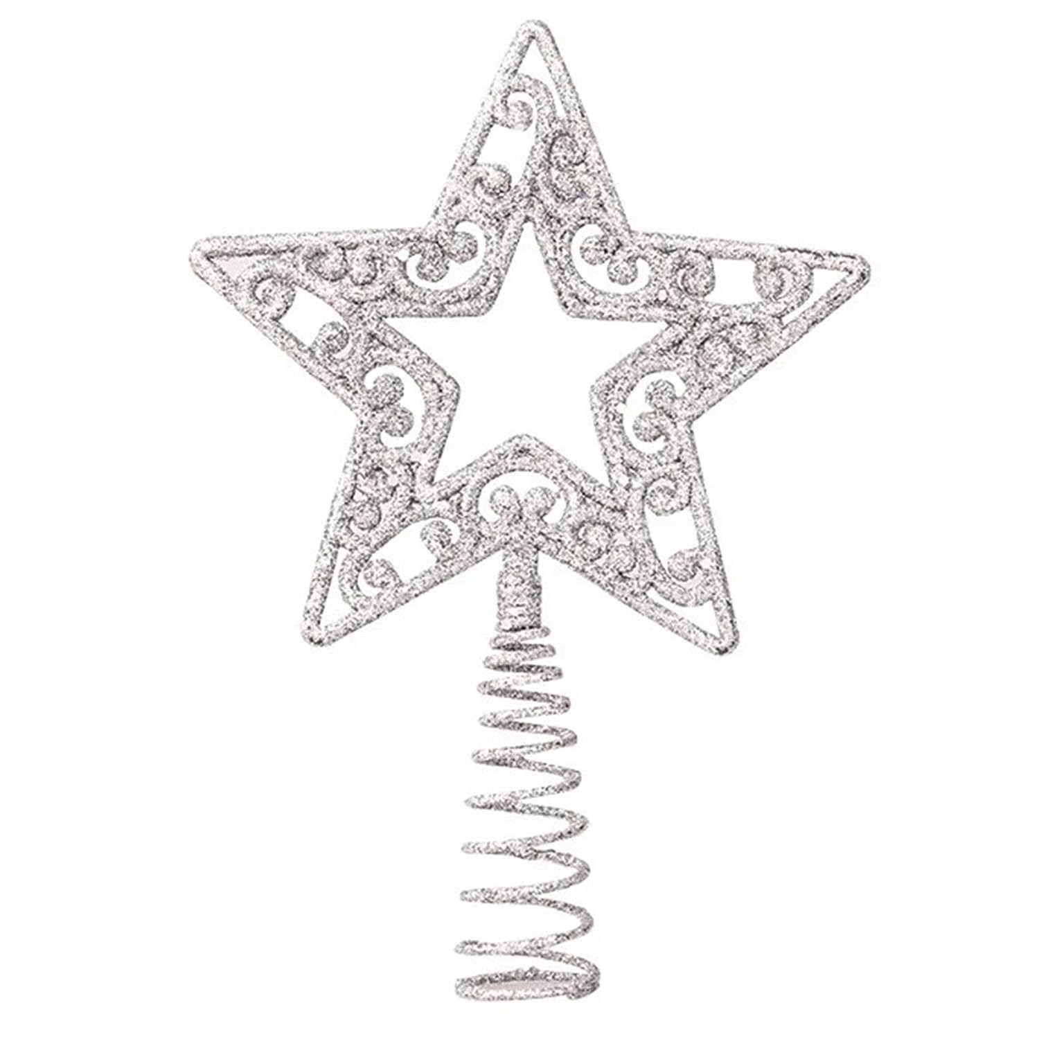 Tech Island Christmas Tree Top Star, 19cm Xmas Tree Topper Glittered Design Treetop Holiday Seasonal Decoration Fit for General Size Christmas Trees (Silver)