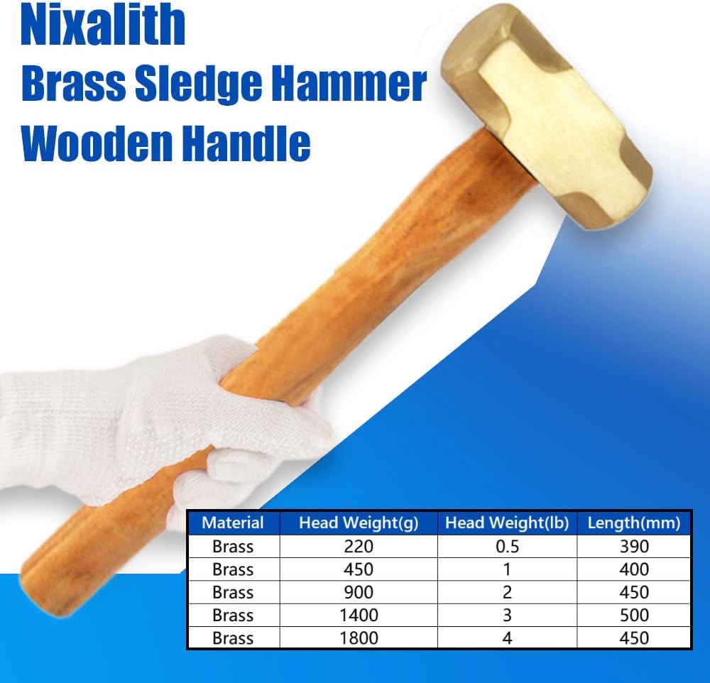 Nixalith Brass Sledge Hammer 0.5LB, Octagonal Head, Non-Magnetic,Corrosion Resistant, Brass Drilling/Crack Hammer,Length 390mm,Wooden Handle