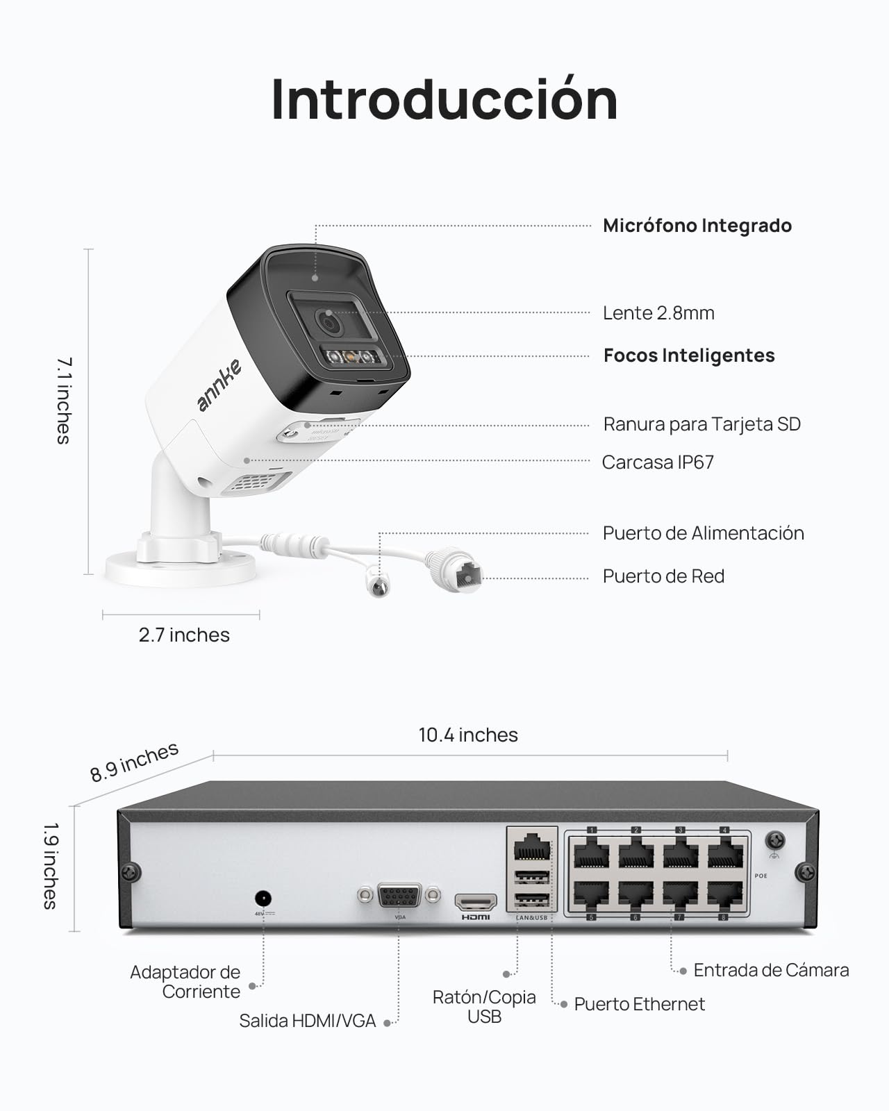 ANNKE Sistema de Cámaras de Seguridad PoE 3K, NVR 8CH 4K con HDD 2TB, 4 Cámaras IP Domo, Visión Nocturna en Color, Detección de Personas y Vehículos, Audio Bidireccional, IP67