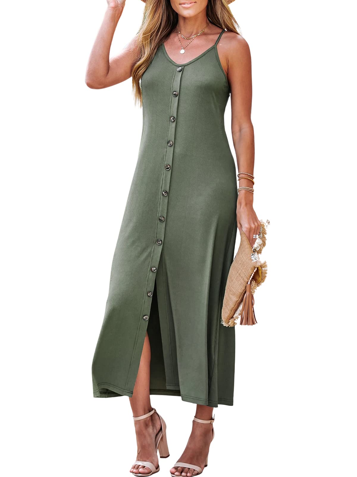 CUPSHEWomen's Scoop Neck Rib Button-Front Sleeveless Long Dress Sleeveless Cami Maxi Dress