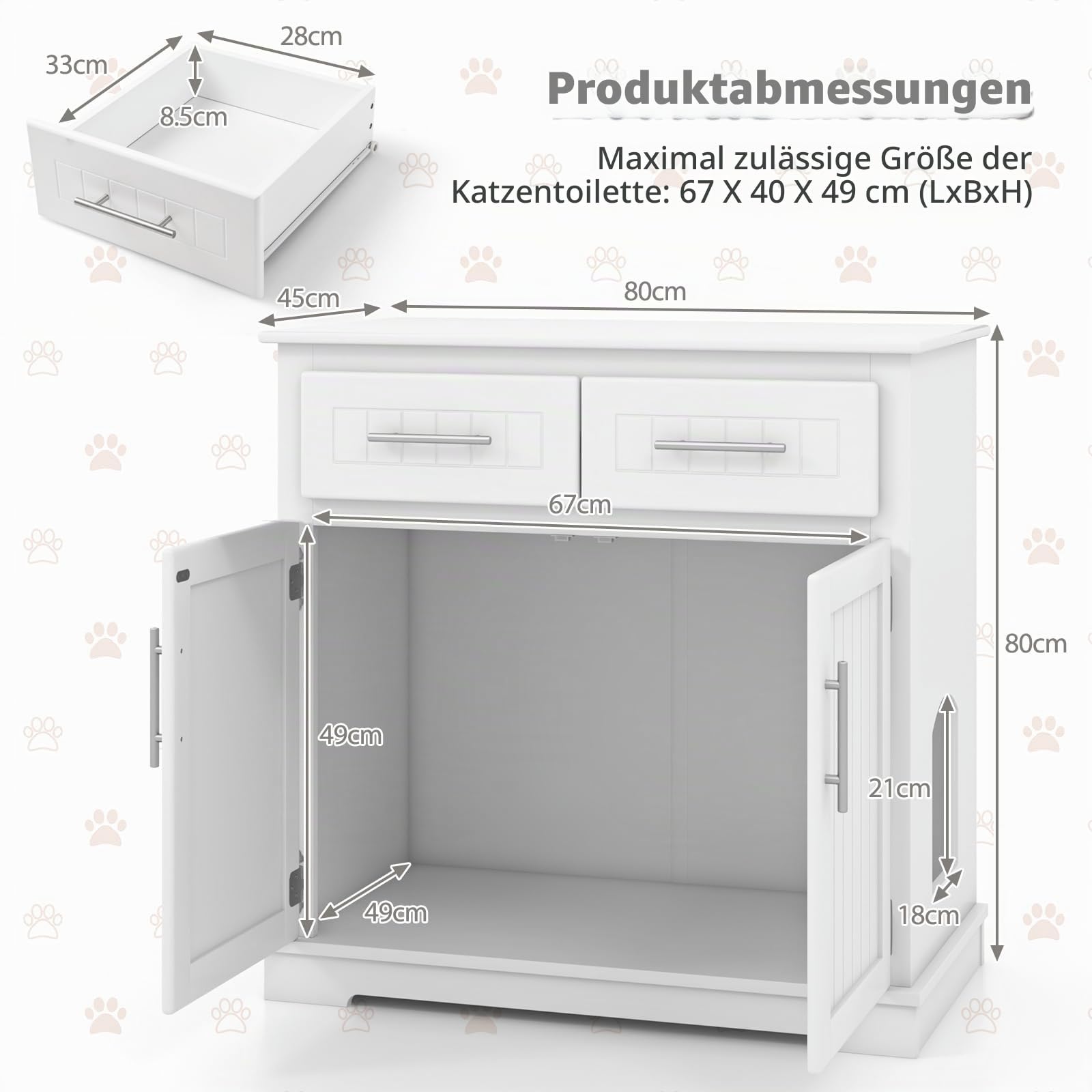 SOARS Katzenschrank, Katzenklo Schrank 3 in 1 mit 2 Türen und 2 Schubladen, Anti-Kipp-Vorrichtung & Seiteneingang, Katzenhaus Katzenhöhle Katzenkommode für Innenbereich, 80 x 45 x 80 cm