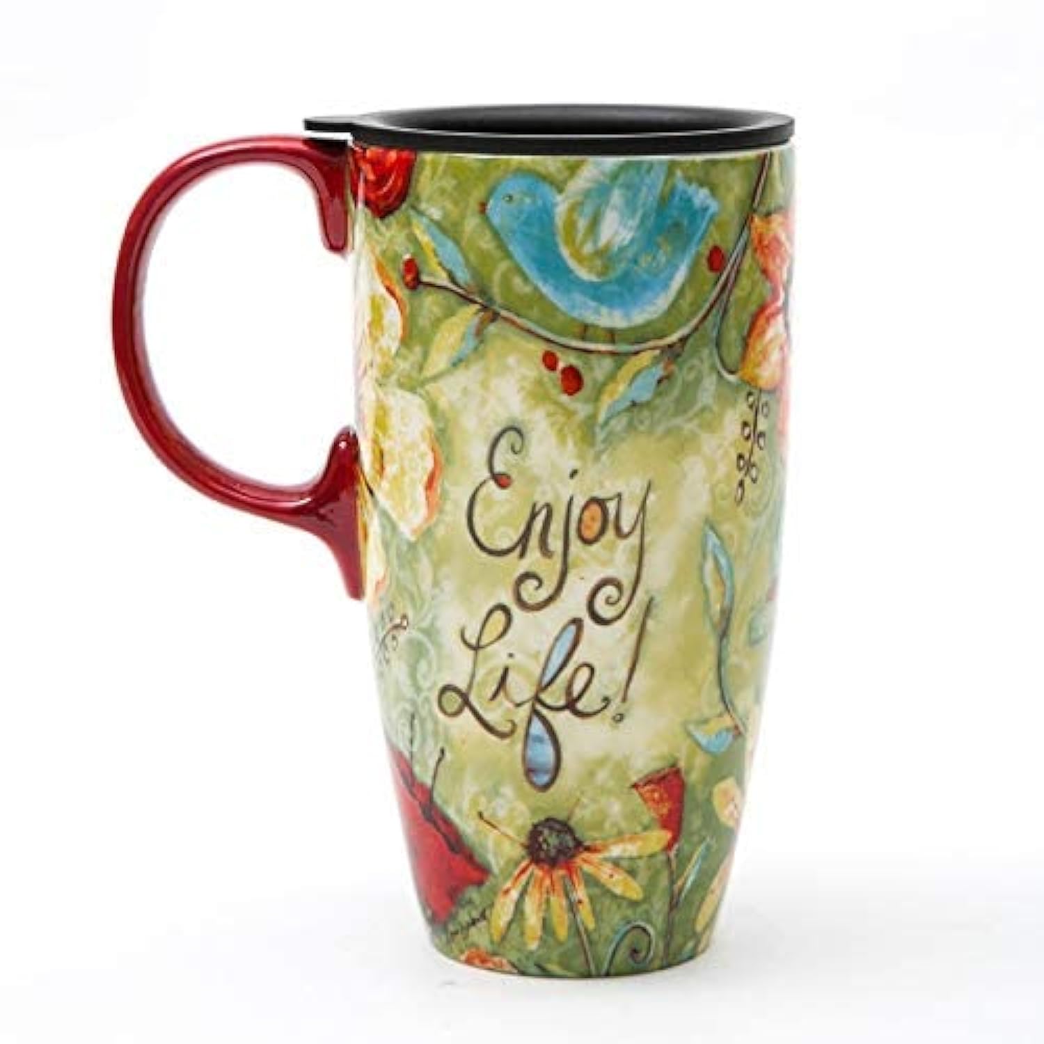 DUSVALLY Ceramic Mug Large Coffee Cup Tall Travel Mugs Porcelain Latte Tea Cup with Lid 17oz,Enjoy Life