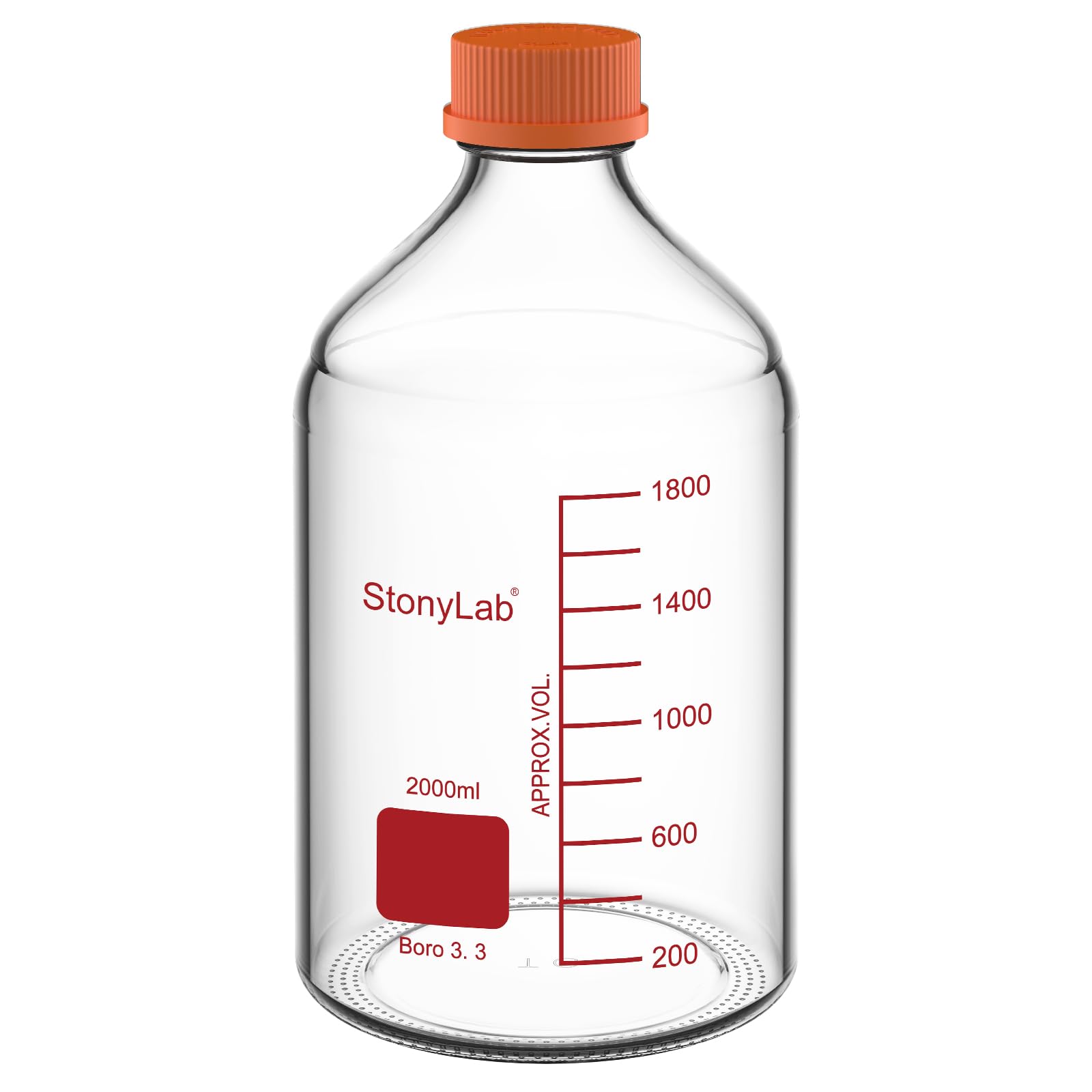 Stonylab Orange Media Storage Bottle With Gl45 Screw Cap, Borosilicate Glass, 2000Ml, For Laboratory Use, 1 Piece