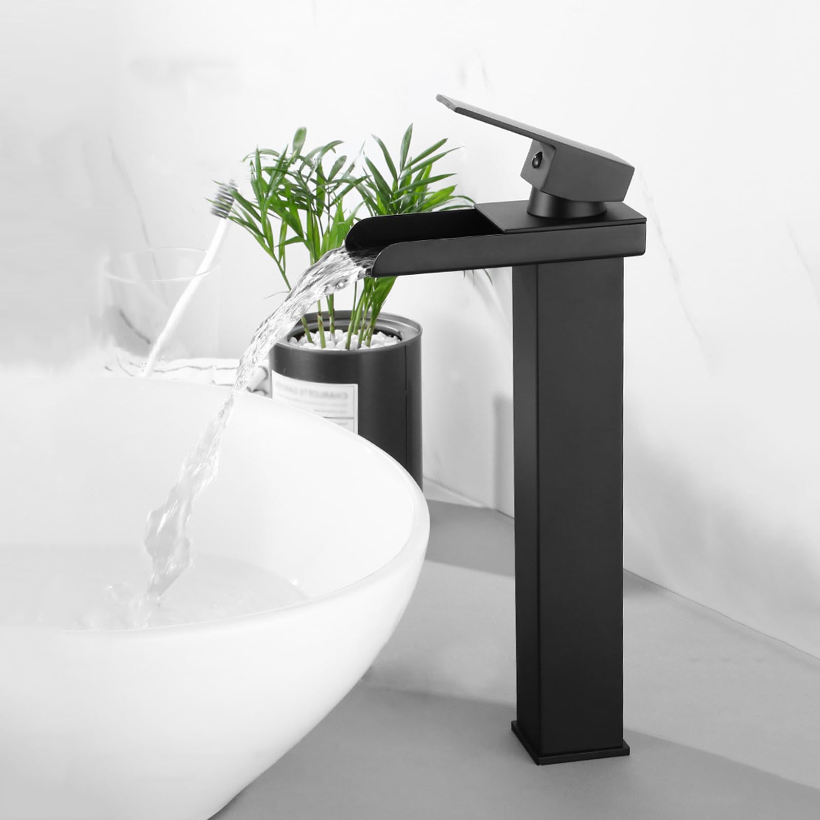 Wysoki łuk czarny bateria łazienkowa szeroka wylewka kaskadowa bateria zlewozmywakowa wysoka G1 2 baterie umywalkowe stylowe czarne wykończenie nowoczesny design dla eleganckiej umywalki